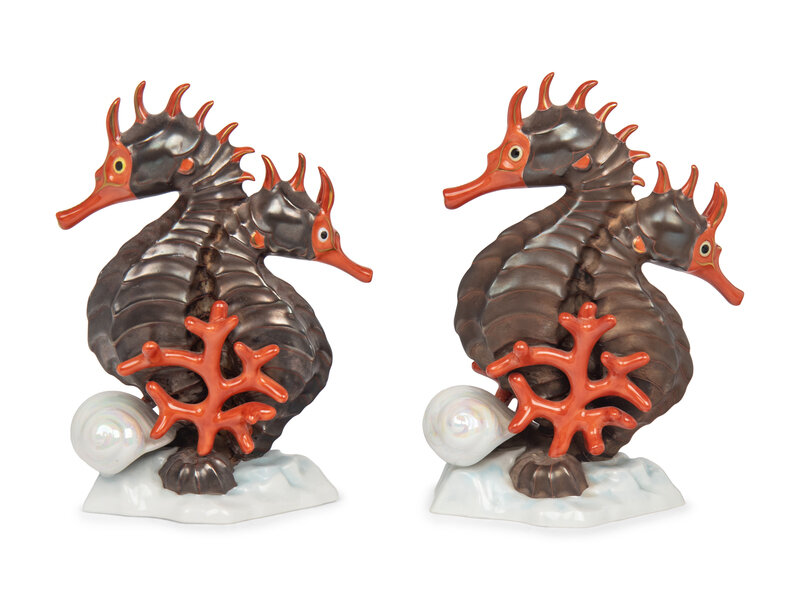 A Pair of Herend Porcelain Seahorse Groups