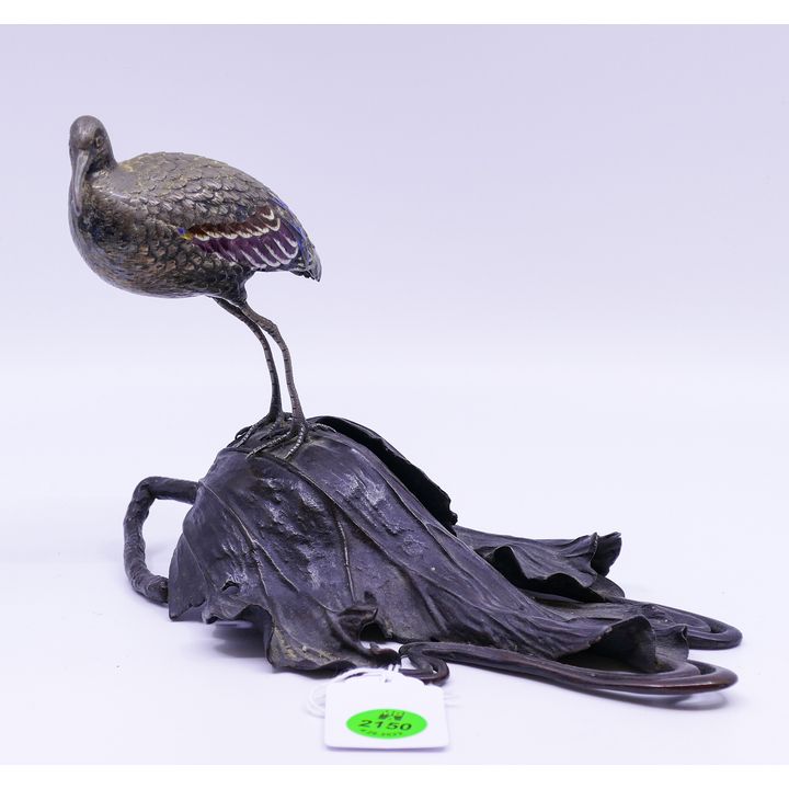 Fine Meiji Japanese Enameled Silver Bird on Bronze Leaf Okimono- 4.5x8''