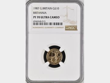 1987 ELIZABETH II BRITANNIA GOLD 1/10oz PROOF 10 POUND COIN PF70 UCAM TOP POP!