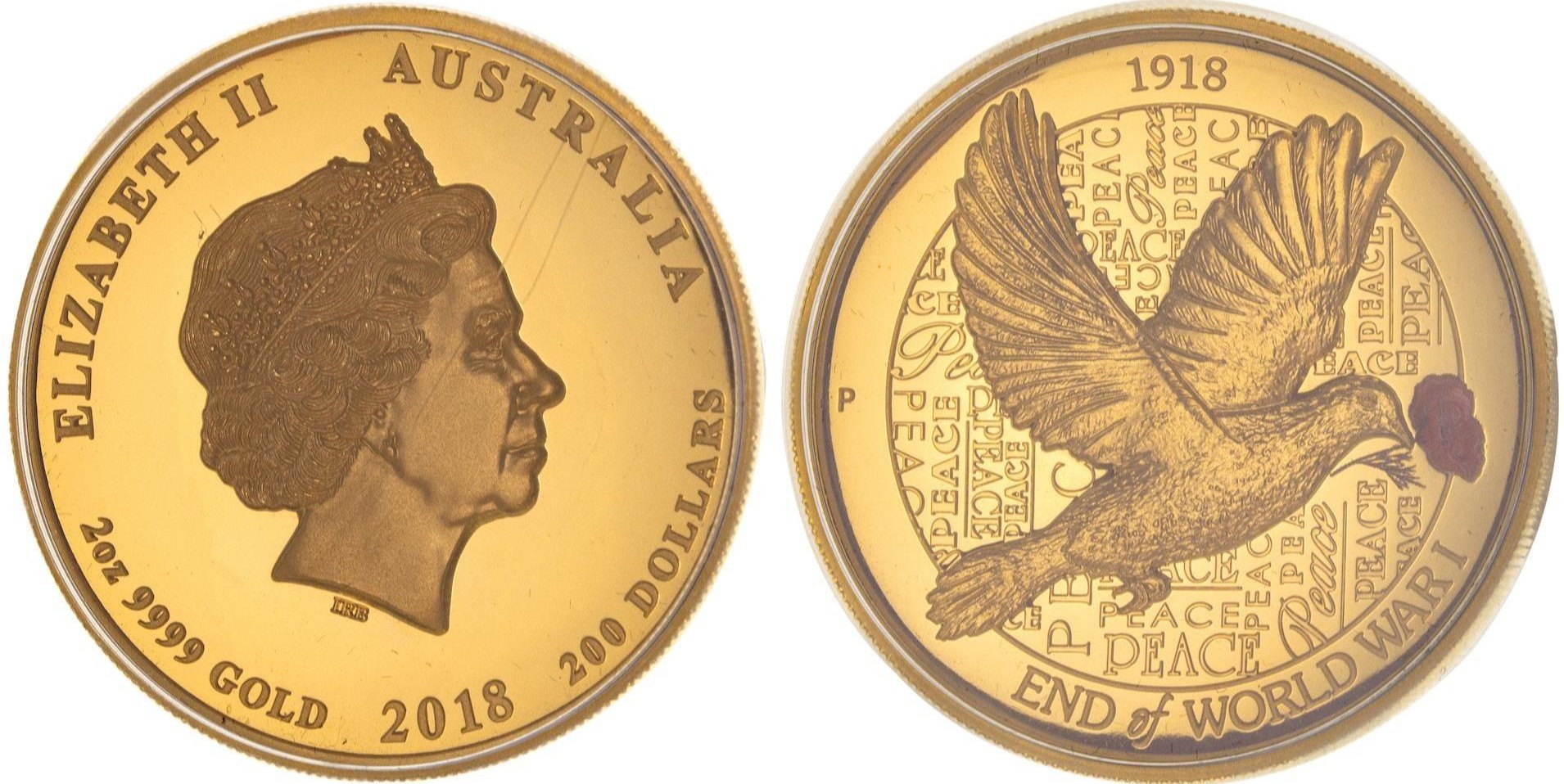 Elizabeth II, 100th Anniversary End of WWI 2oz Gold Proof, Two Hundred Dollars, 2018, FDC