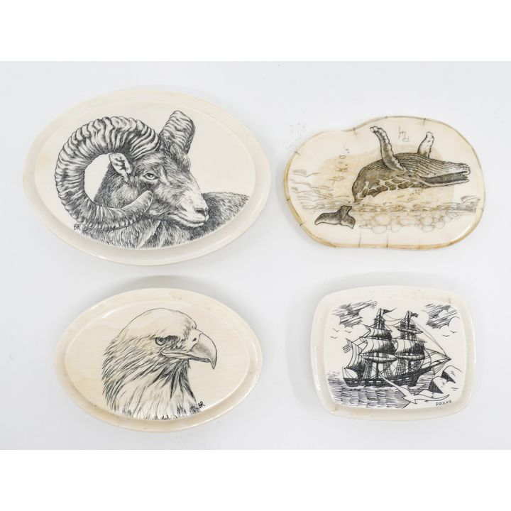 Box 4pc Alaska Scrimshawed Belt Buckles and Plaque 2'' to 3.5''