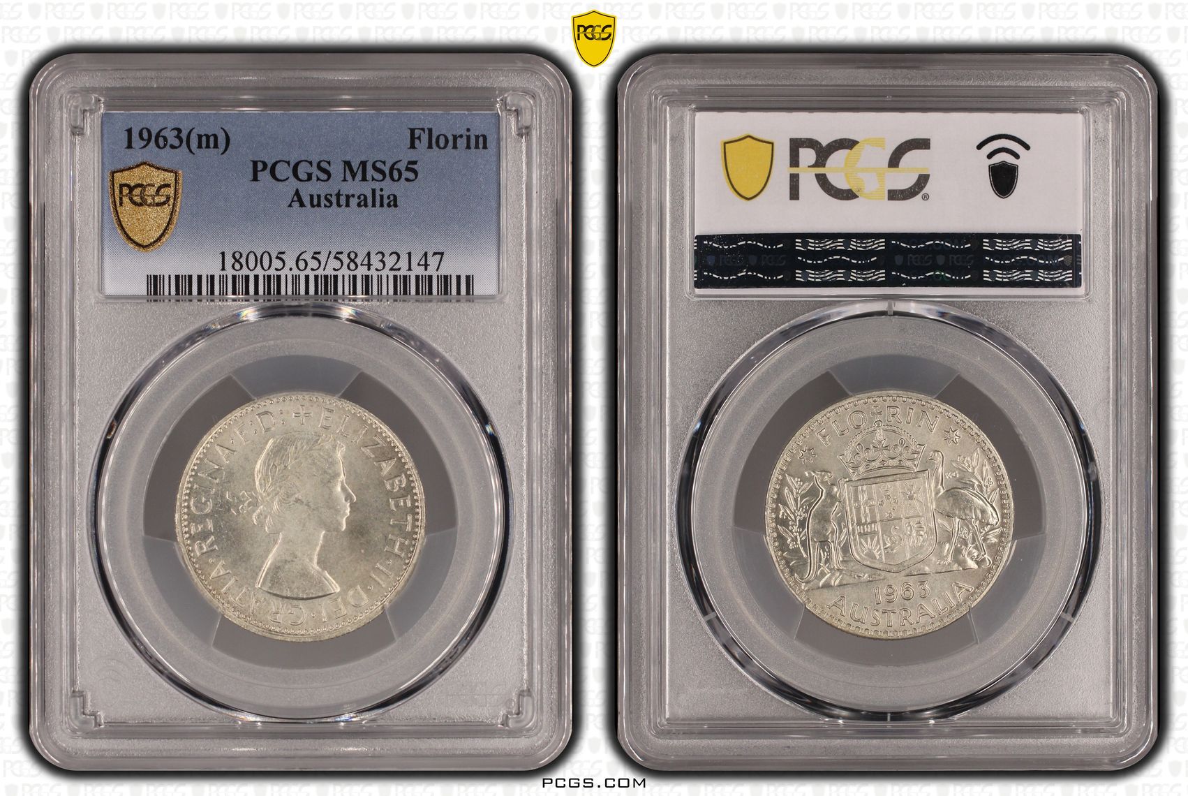 330 · KM-60 Silver, Florin, 1963(m), PCGS MS65