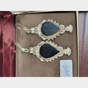 Pair of large Victorian black stone dangly earrings