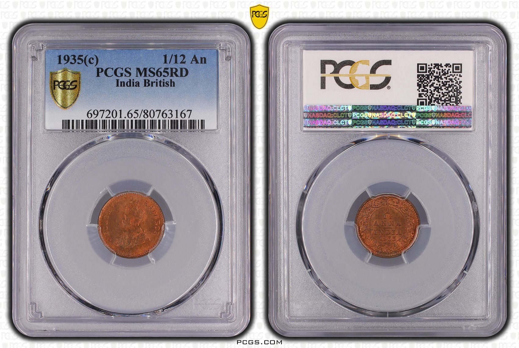India British, SW-8.587, One Twelfth Anna, 1935(C), PCGS MS65RD