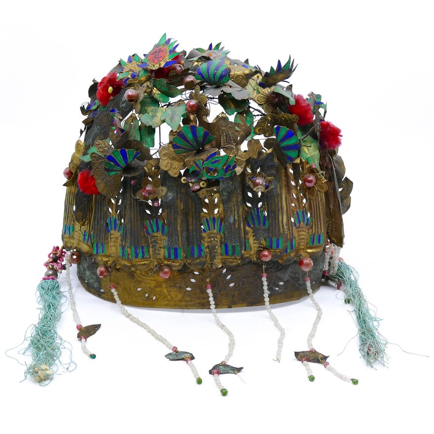 Old Chinese Pierced Metal Wedding Hat 7.5''