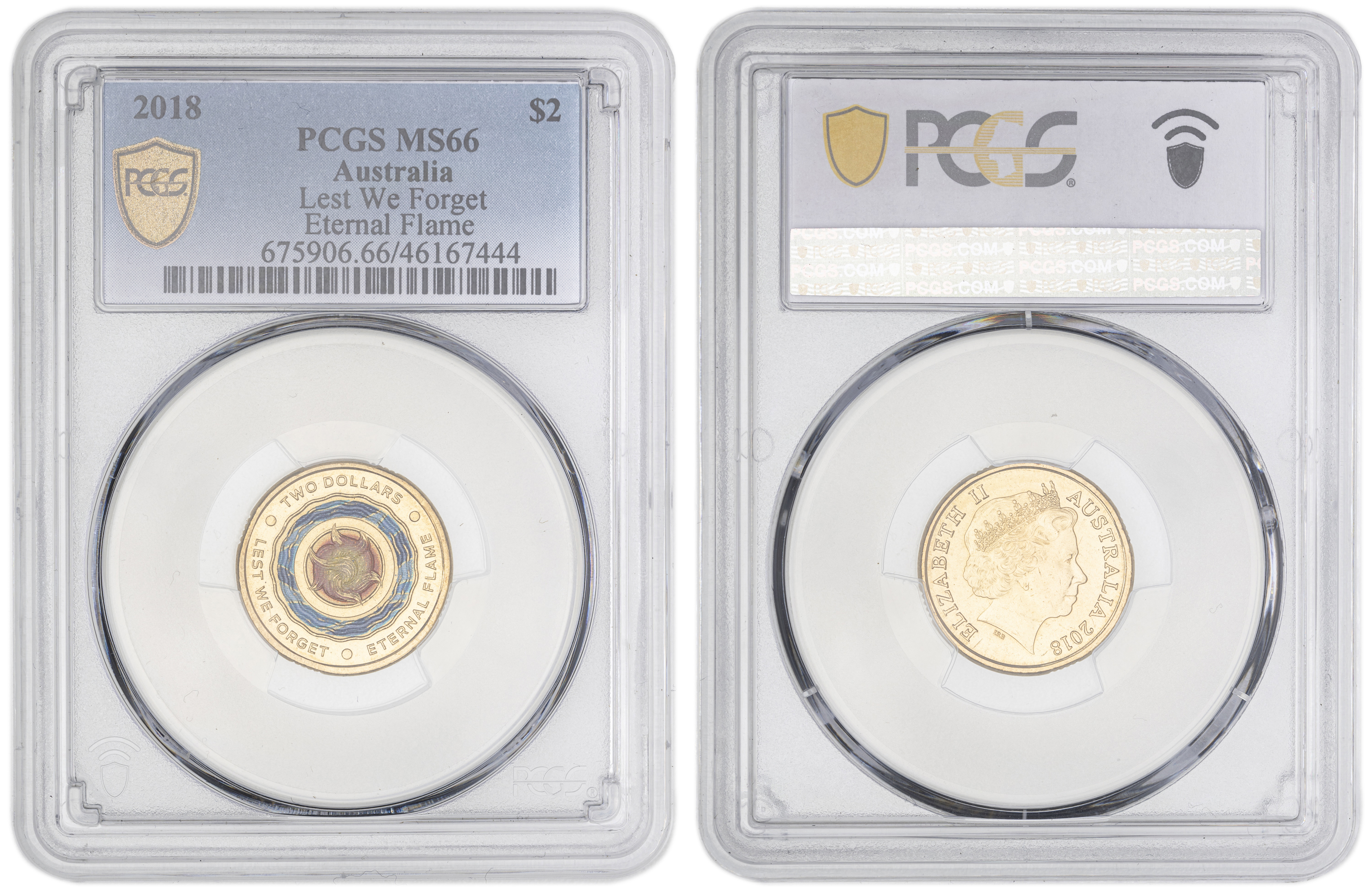 464 · Elizabeth II, Lest We Forget - Eternal Flame Colorized , Two Dollar, 2018, PCGS MS66