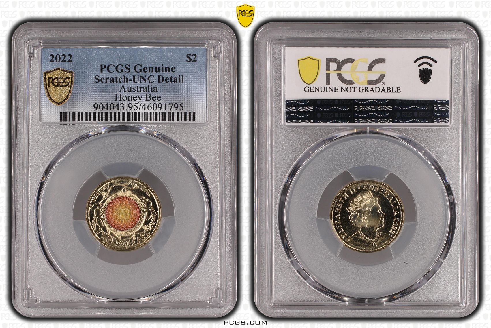 Honey Bee Colourised, Two Dollar, 2022, PCGS Genuine - UNC Details (95 - Scratch)