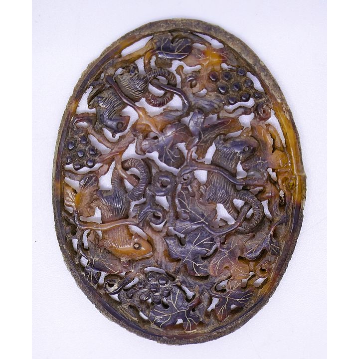 Antique Chinese Tortoise Shell Carved Plaque 2'' In Case