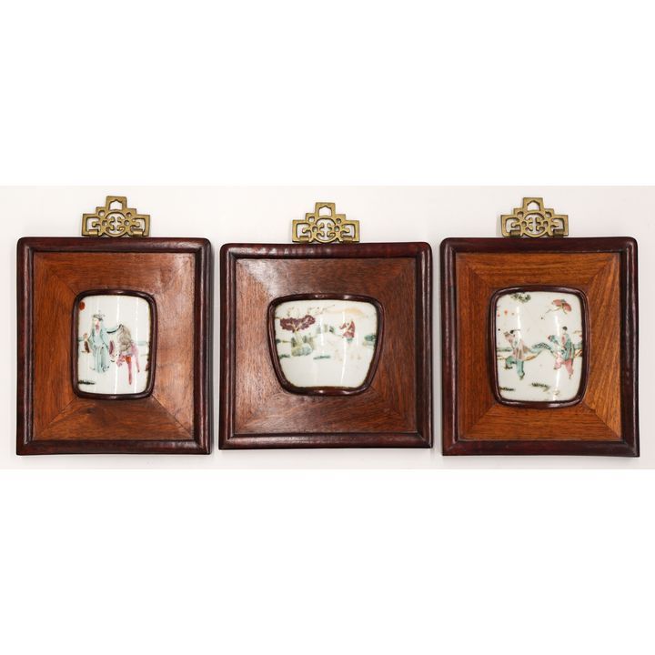 3pc Chinese Porcelain Shard Rosewood Plaques