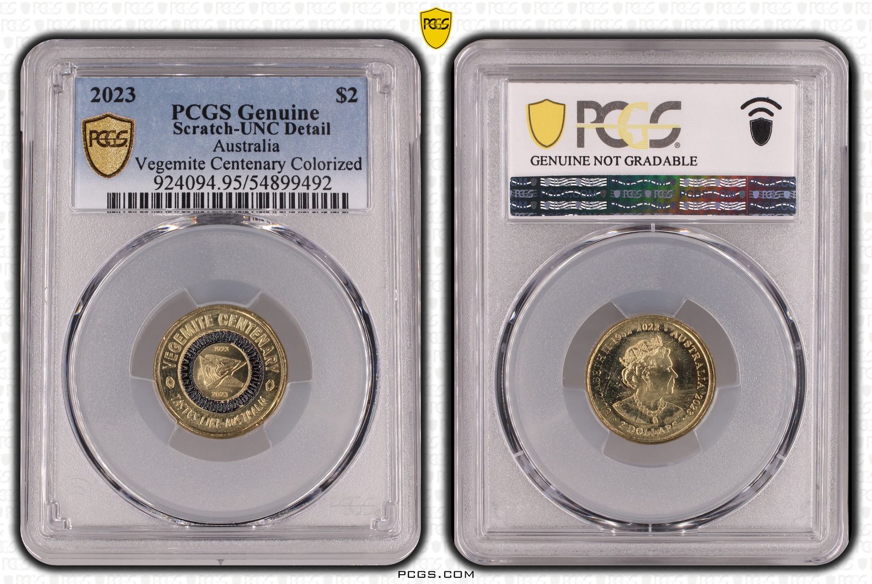 Vegemite Centenary Colorized Tastes Like Australia, Two Dollar, 2023, PCGS Genuine - UNC Details (95 - Scratch)