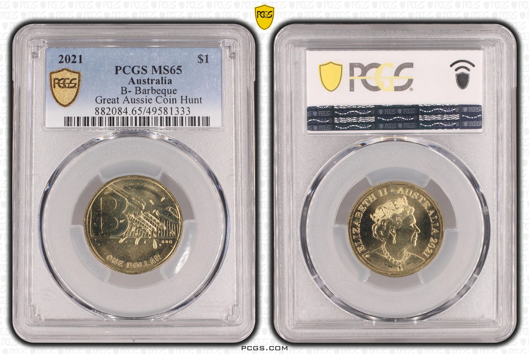 458 · Elizabeth II, B- Barbeque - Great Aussie Coin Hunt , One Dollar, 2021, PCGS MS65