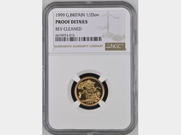 1999 ELIZABETH II PROOF GOLD HALF SOVEREIGN PROOF DETAILS REVERSE CLEANED