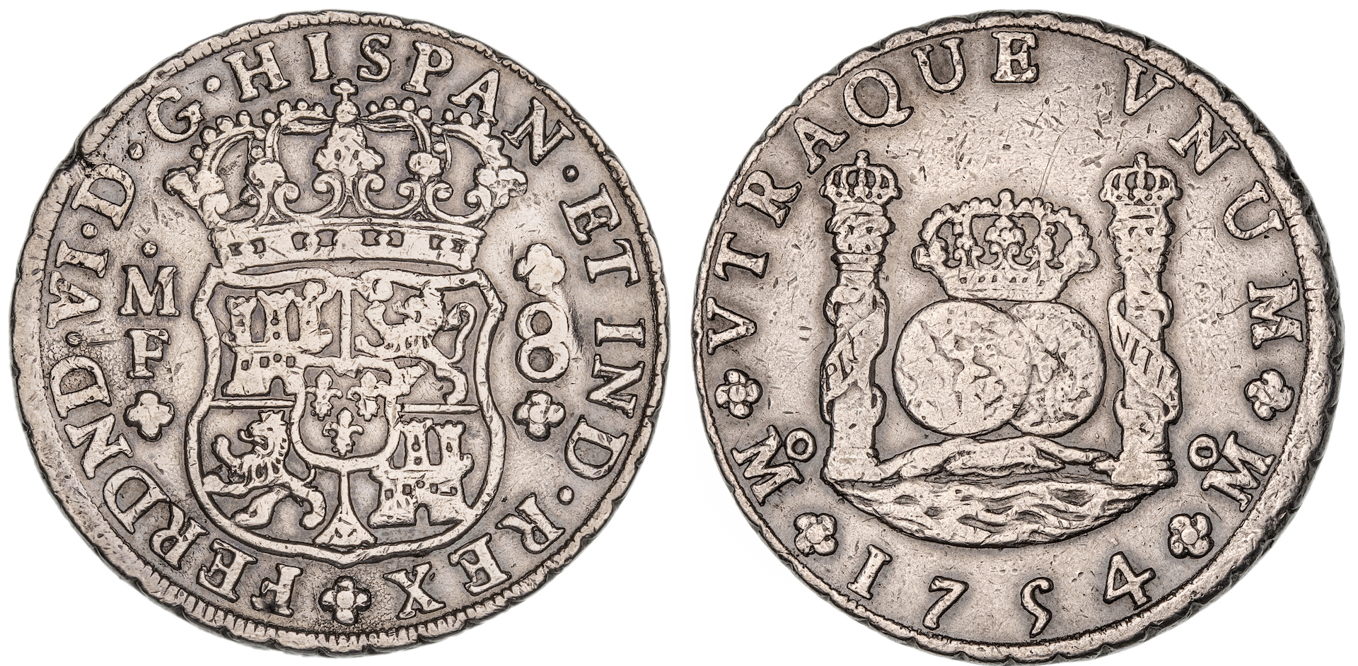 Mexico, Ferdinand VI, Eight Reales, 1754-MF, aVF