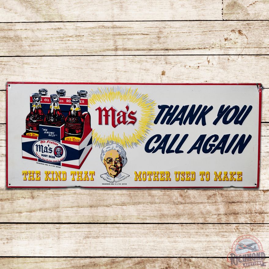 Rare Ma's Root Beer "Thank You Call Again" SST Sign w/ 6 Pack and Ma - 8.5