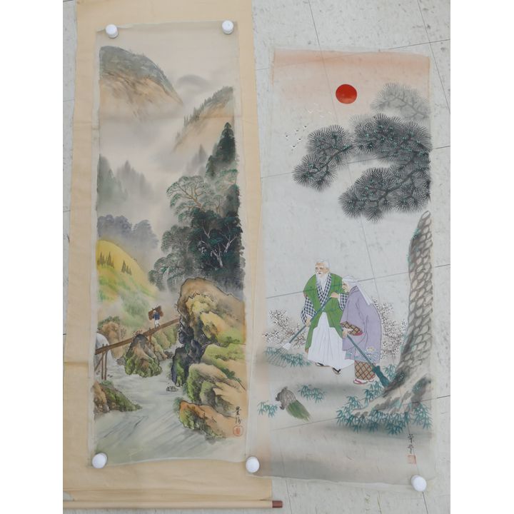 2pc Old Japanese Silk Scroll Paintings Unmounted 44''x14'' Approx.