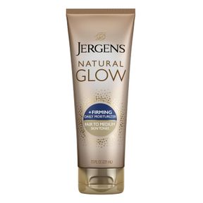 JERGENS NATURAL GLOW +FIRMING SELF TANNER BODY LOTION, FAIR TO MEDIUM SKIN TONE, SUNLESS TANNING MOISTURIZER WITH COLLAGEN AND ELA