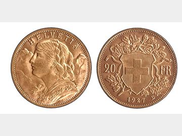 1927 SWITZERLAND HELVETIA GOLD 20 FRANCS COIN