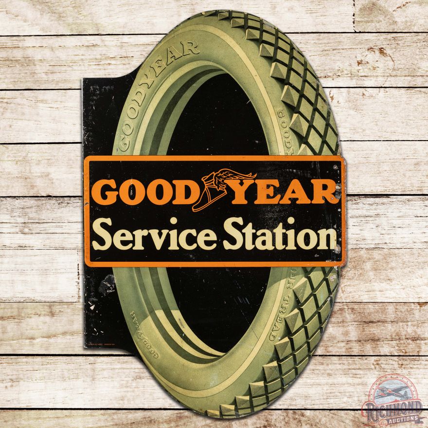 Goodyear Service Station DS Tin Flange Sign w/ Tire