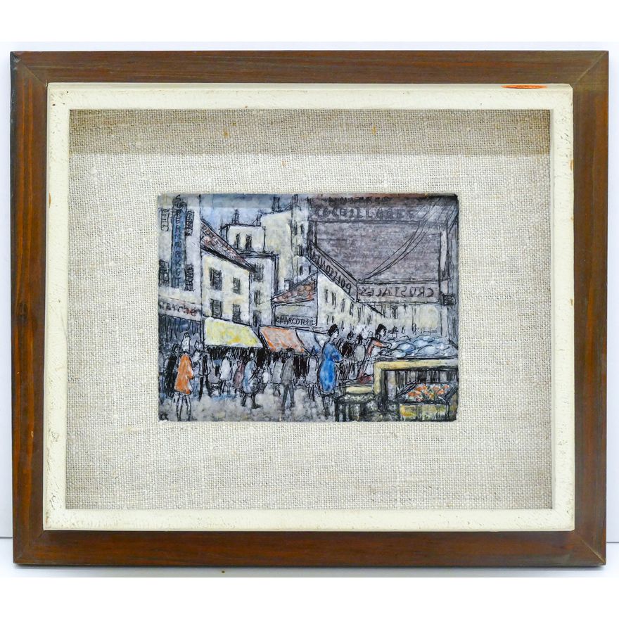 Lisel Salzer ''Paris Marche' de Buci'' Limoge Enamel Framed 9''x10''