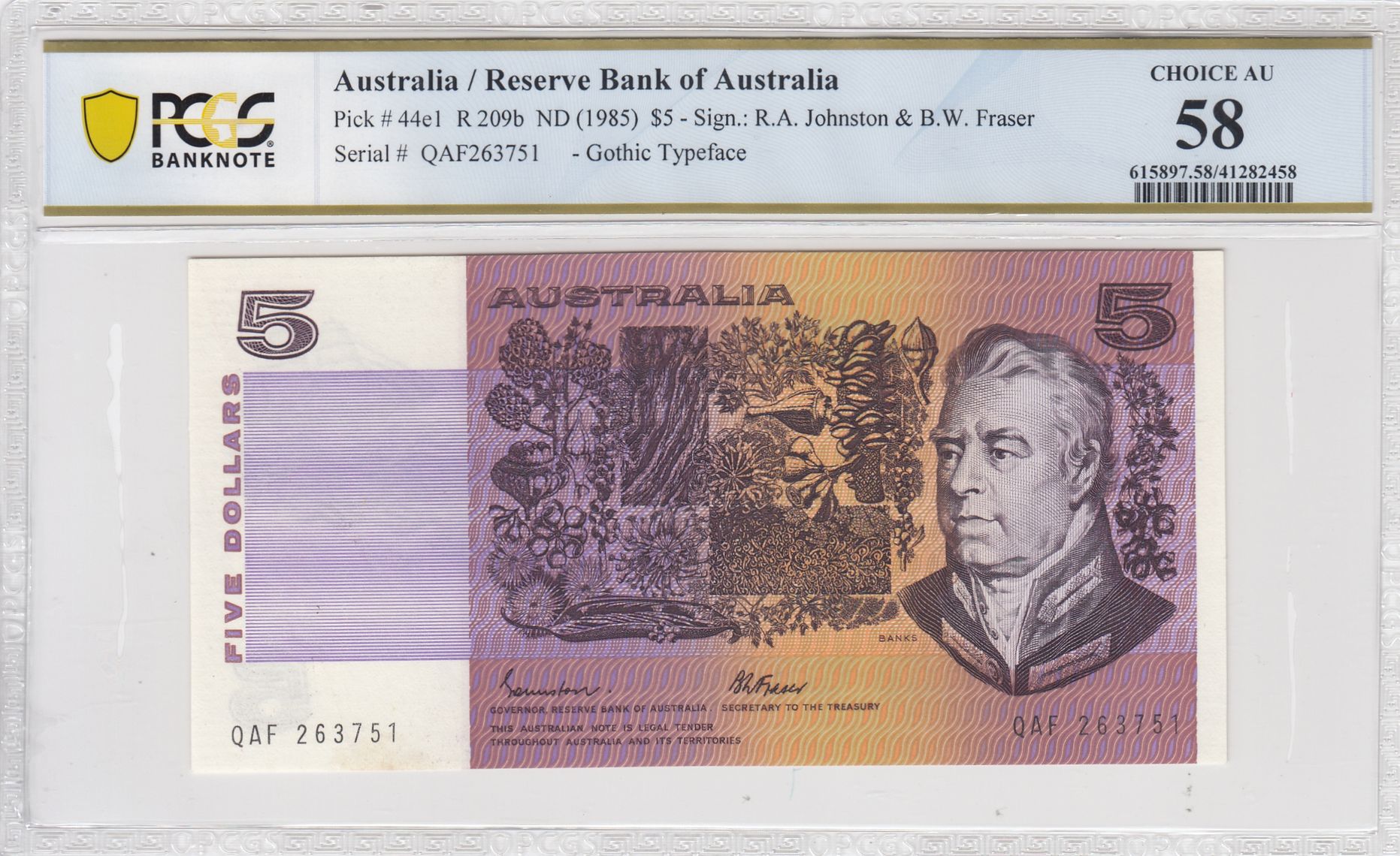 1985 Australia $5 Banknote Johnston/Fraser Choice AU 58 PCGS