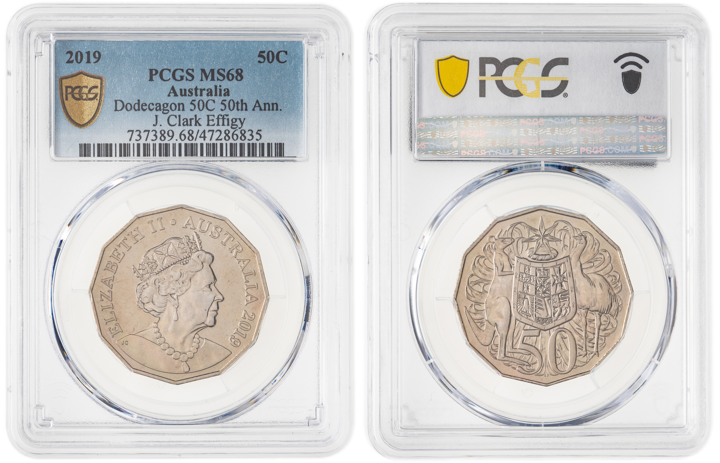 261 · Elizabeth II, Dodecagon 50C 50th Ann. J. Clark Effigy, Fifty Cent, 2019, PCGS MS68