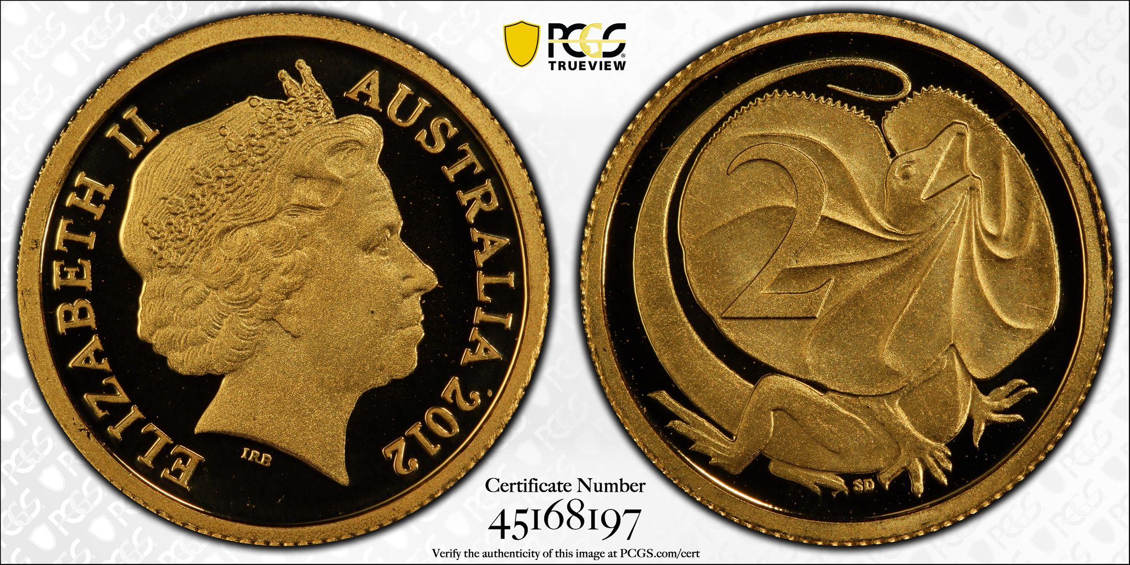 2012 Australia Gold Two Cent, 2c Proof Frill Neck Lizard PCGS - PR70DCAM POP 10/0 -197