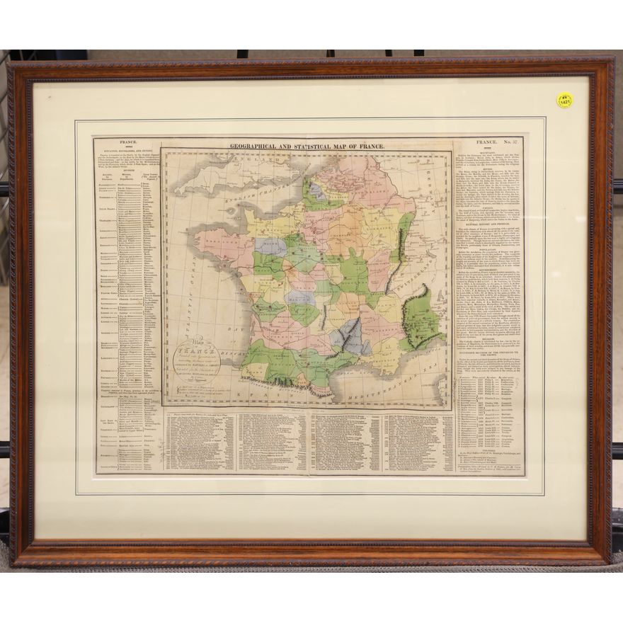 Antique Geographical Map of France Engraving Framed 24''x28''