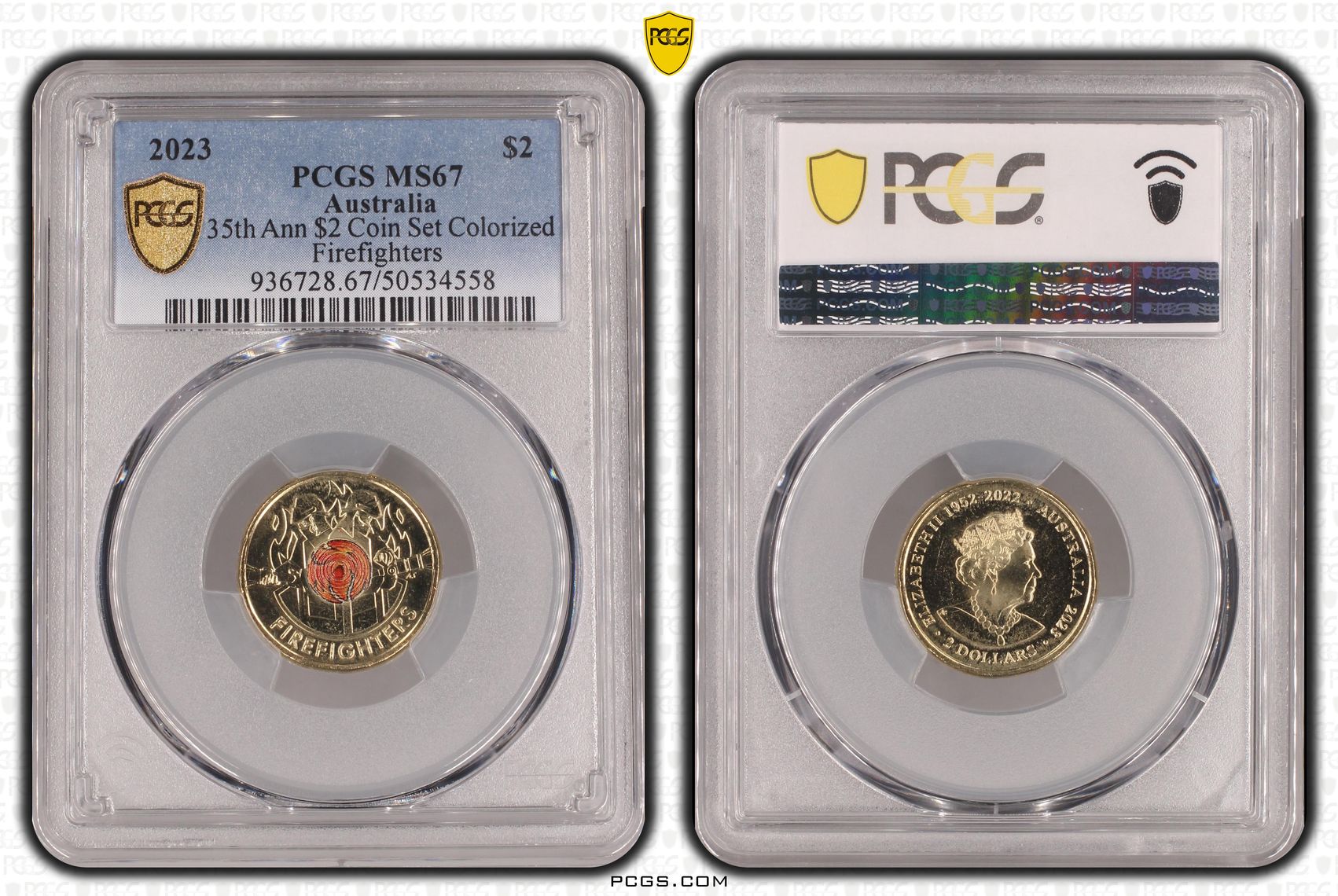 35th Ann $2 Coin Set Colourised Firefighters, Two Dollar, 2023, PCGS MS67