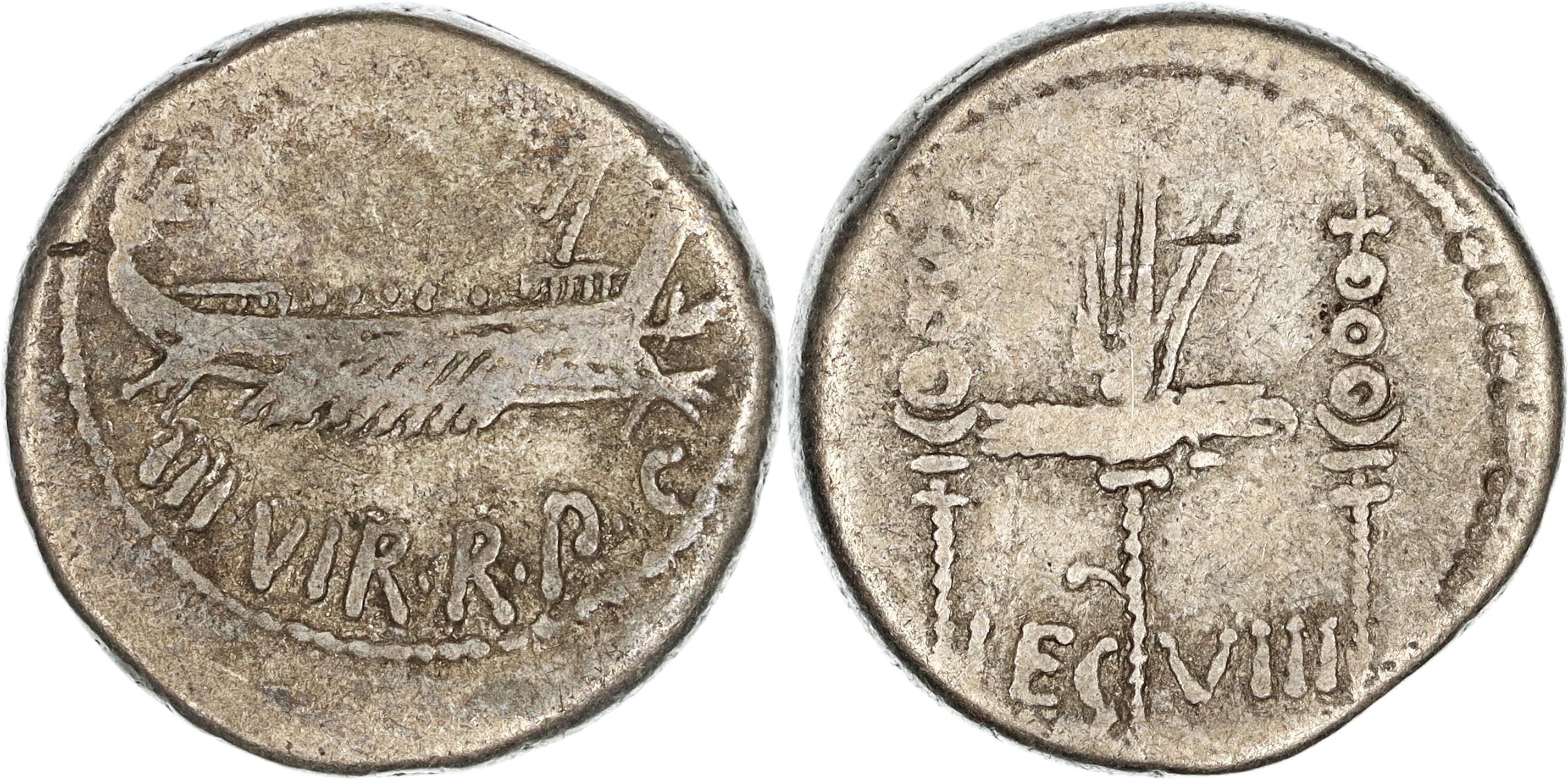 Roman Republic, Imperatorial Period, M. Antonius M.f. M.n. (Mark Antony), Silver Denarius, 32-31 BC, nF-F