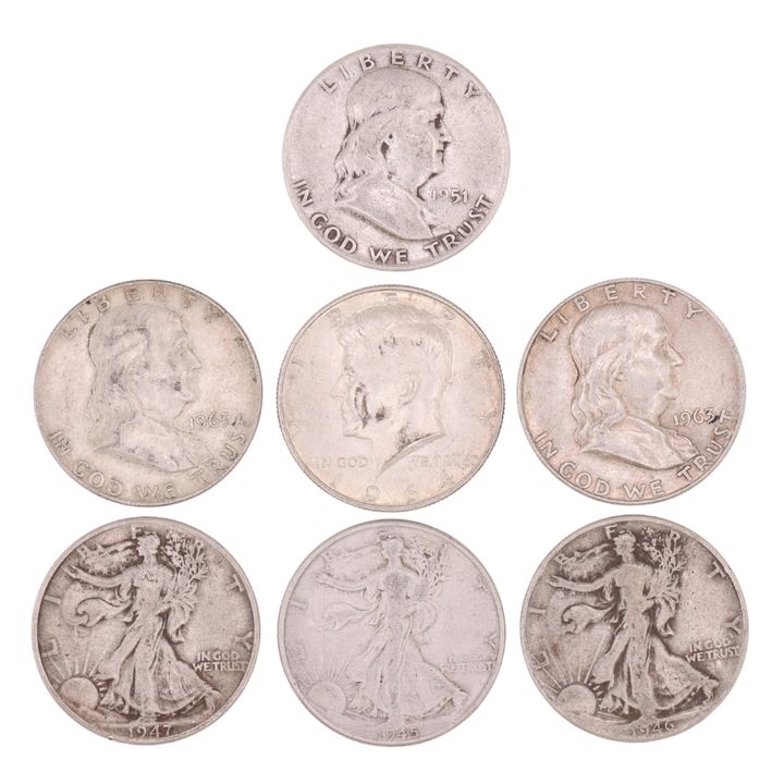 Lote de 7 monedas de 1/2 dolar de plata