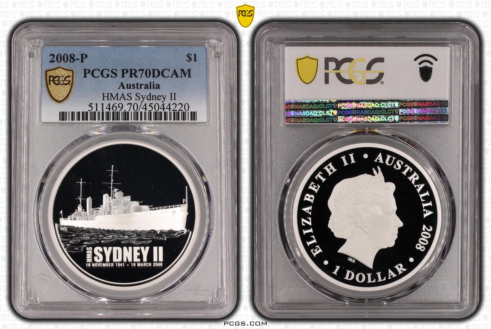 2008-P Australia One Dollar, $1 Proof HMAS Sydney II PCGS - PR70DCAM POP 1/0 -220