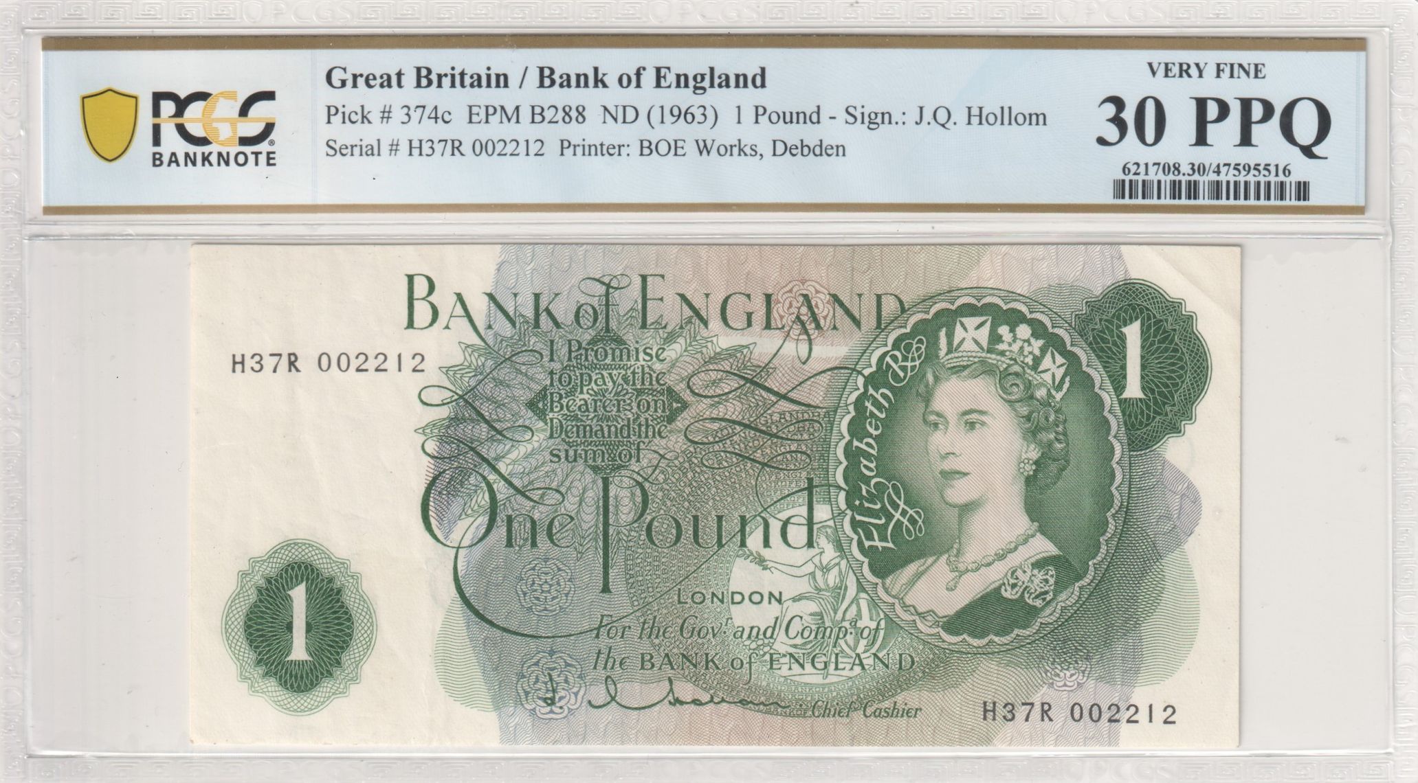 Great Britain, BOE Works, Debden, J.Q. Hollom, One Pound, 1963, PCGS Very Fine 30 PPQ