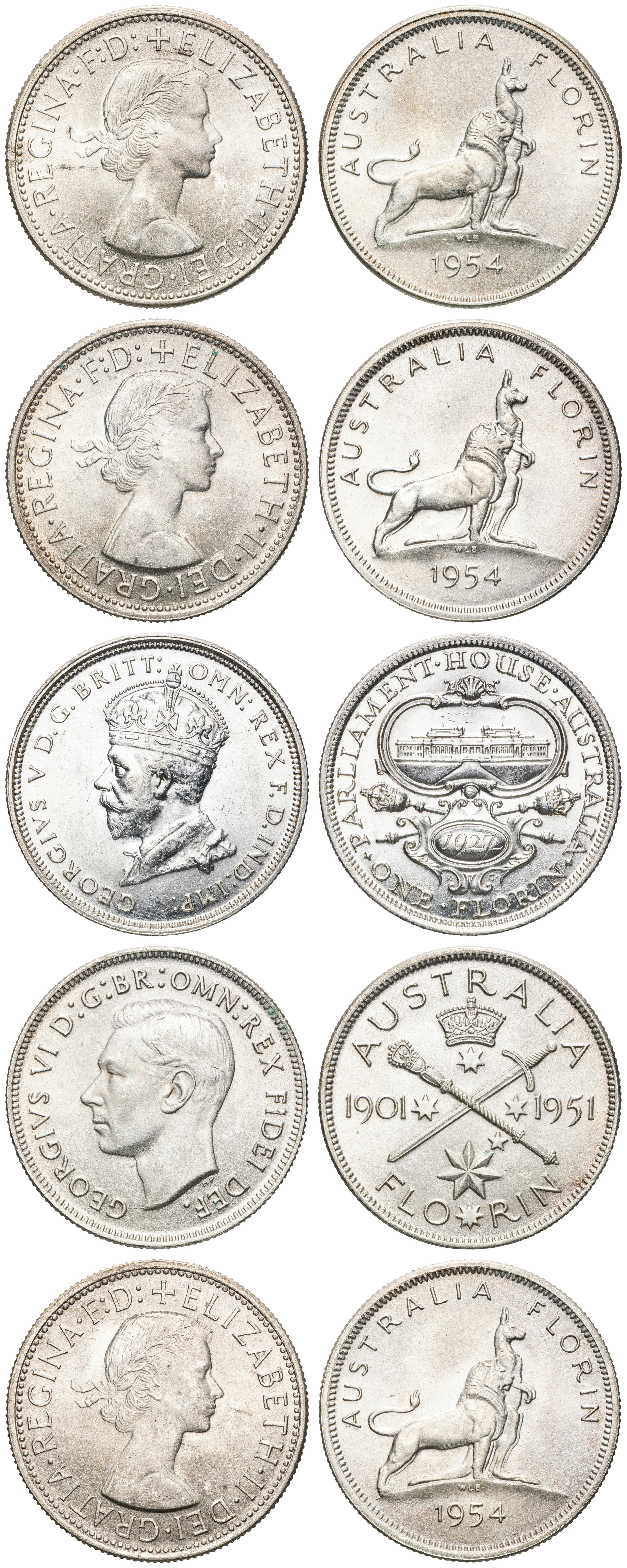 George V - Elizabeth II, Florin, 1927 - 1954, UNC