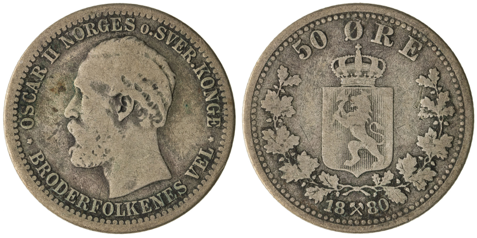 Norway, Oscar II, Fifty Ore, 1880, VG