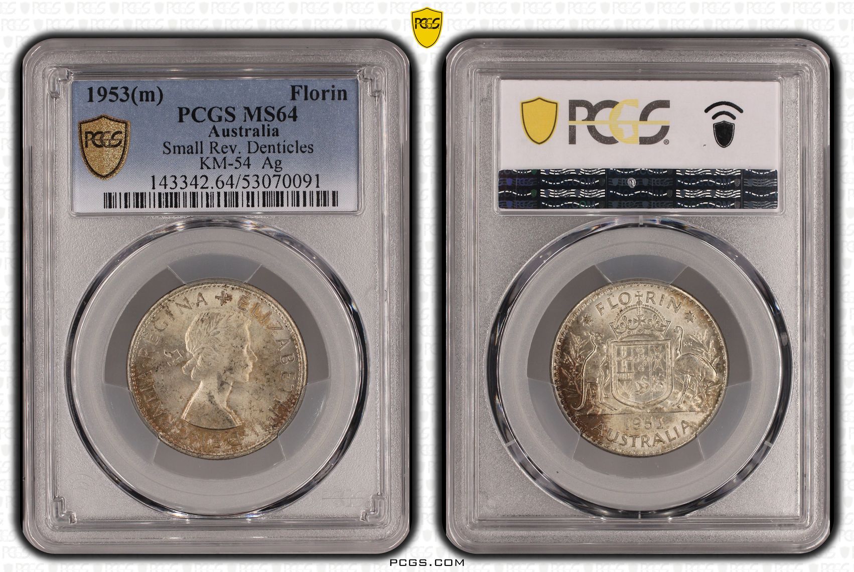 Elizabeth II, Small Rev. Denticles KM-54 Silver, Florin, 1953(m), PCGS MS64