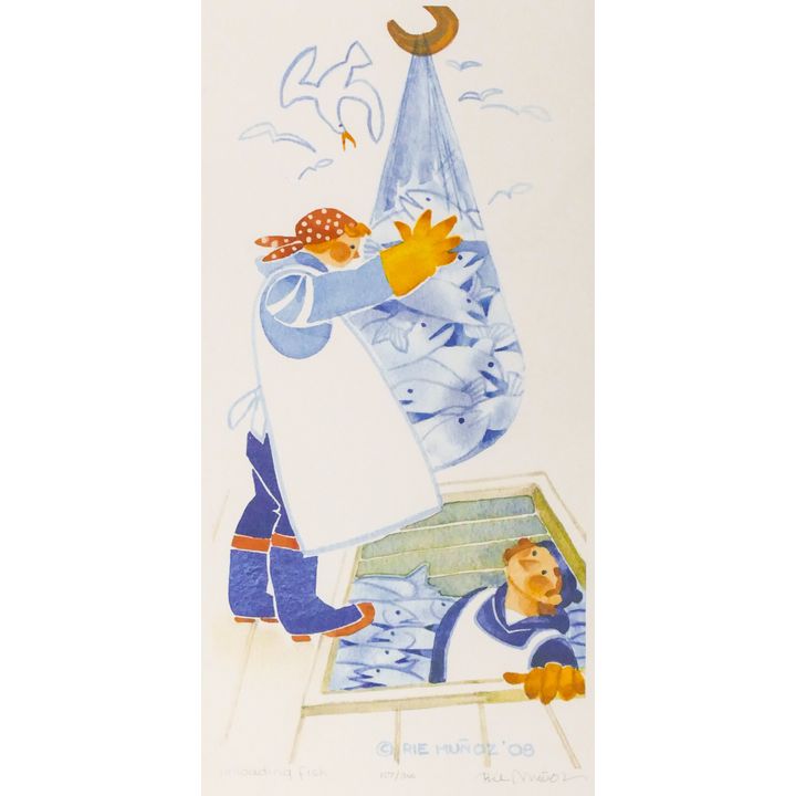 Rie Munoz ''Unloading Fish'' 2008 Signed Print 17'' x 10.25'' Sheet.