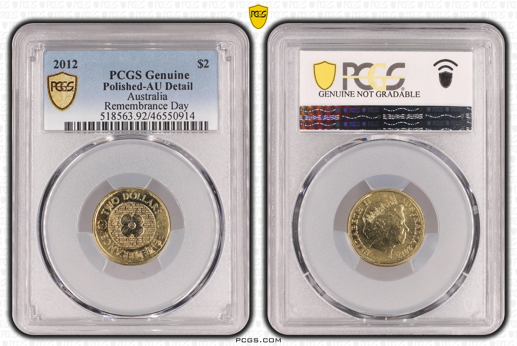 Remembrance Day, Two Dollar, 2012, PCGS Genuine - AU Details (92 - Cleaned)