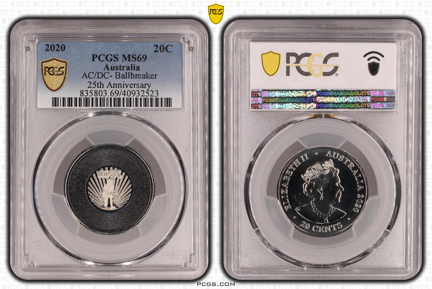 291 · AC/DC- Ballbreaker 25th Anniversary Colorized, Twenty Cent, 2020, PCGS MS69