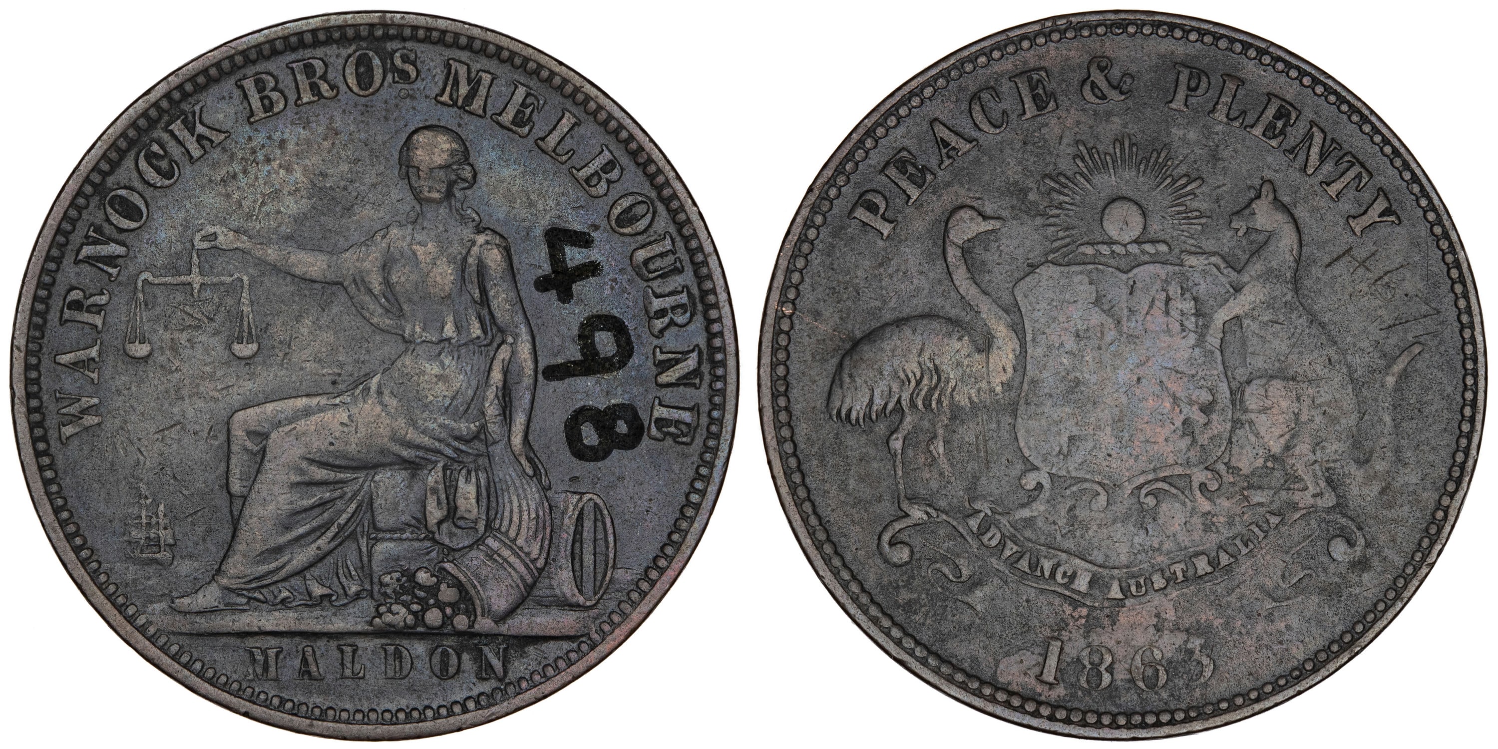 A.605 Warnock Bros, Melbourne & Maldon, VIC, Penny, 1863, gF