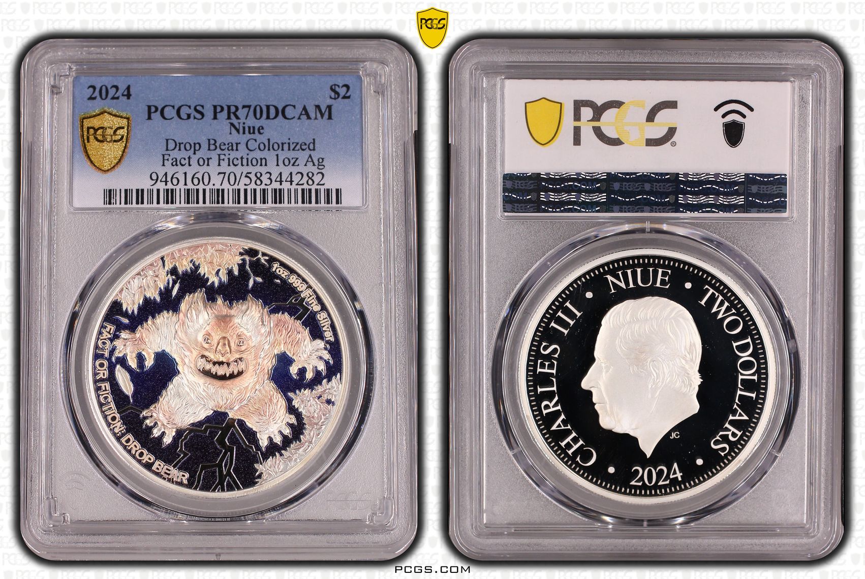 Niue, Drop Bear Colourised Fact or Fiction 1oz Silver, 4/0, Two Dollars, 2024, PCGS PR70DCAM