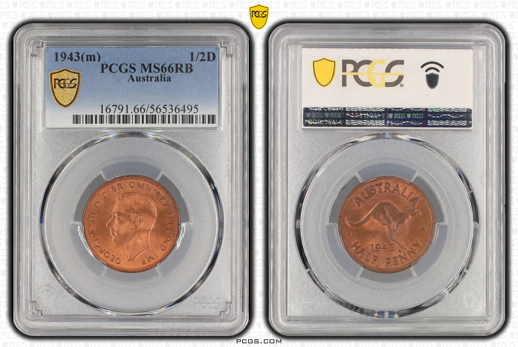 George VI, 2/0, Half penny, 1943(m), PCGS MS66RB