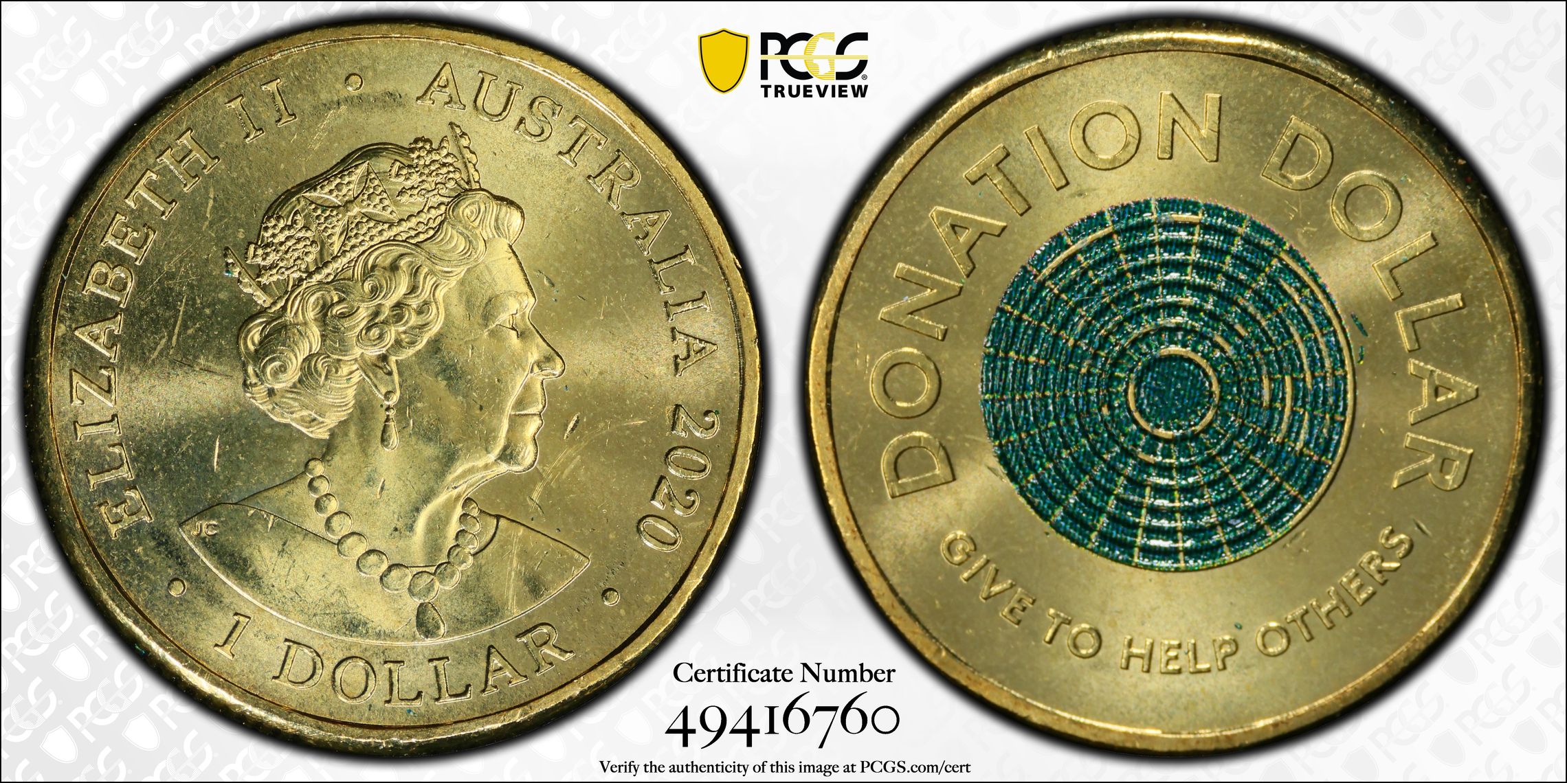 256 · Elizabeth II, Donation Dollar, One Dollar, 2020, PCGS Genuine  - UNC Details (95 - Scratch)