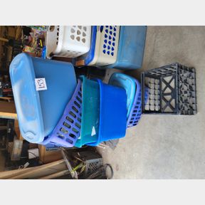 Assorted plastic containers and laundry baskets