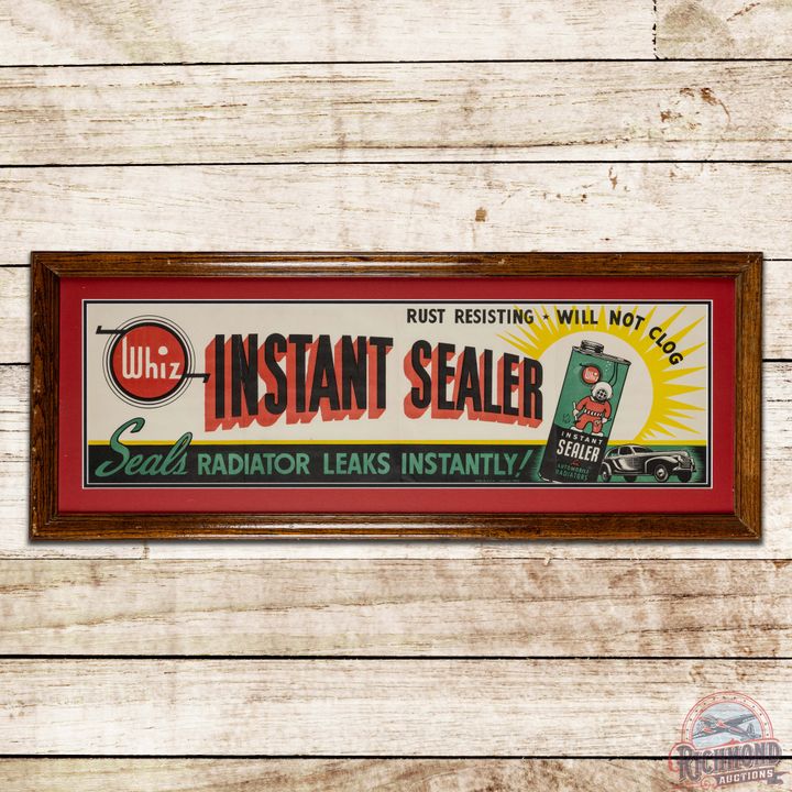 Whiz Instant Sealer "Seals Radiator Leaks Instantly" Framed Advertising Poster w/ Can & Car