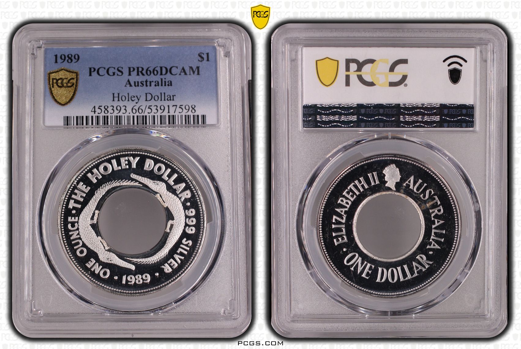 Holey Dollar, One Dollar, 1989, PR66DCAM