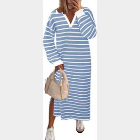 MEROKEETY WOMEN'S 2024 FALL LONG SLEEVE STRIPED DRESS V NECK COLLARED SIDE SLIT CASUAL MAXI DRESSES SZ LG