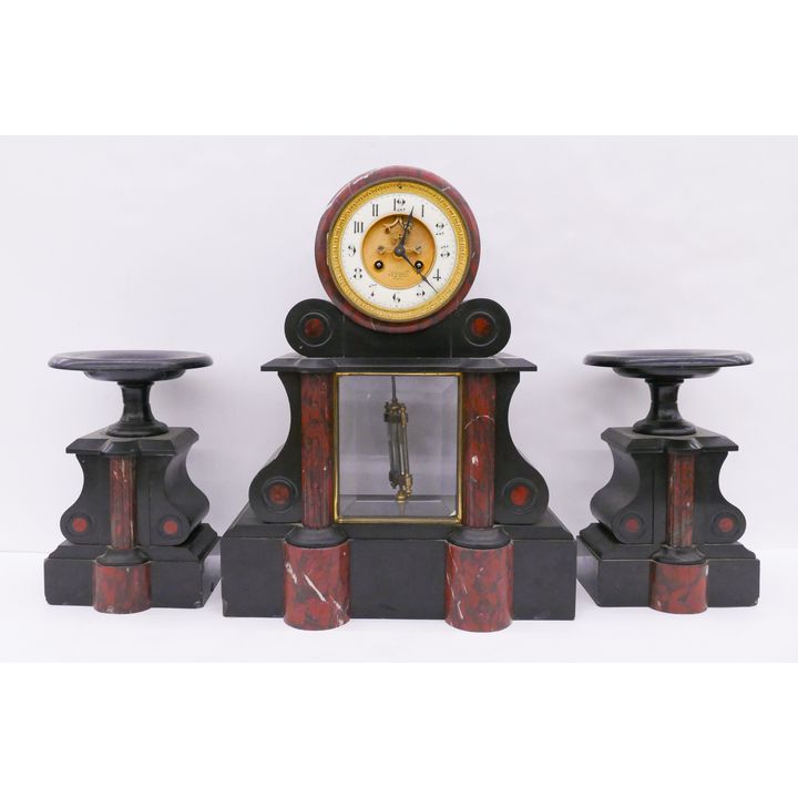 H. Chapus French Jasper Inlaid Slate Mantle Clock with Garnitures