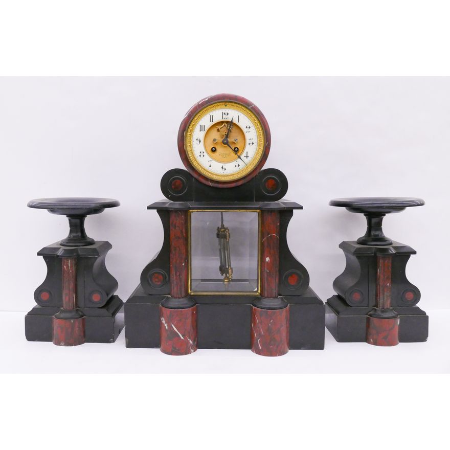 H. Chapus French Jasper Inlaid Slate Mantle Clock with Garnitures