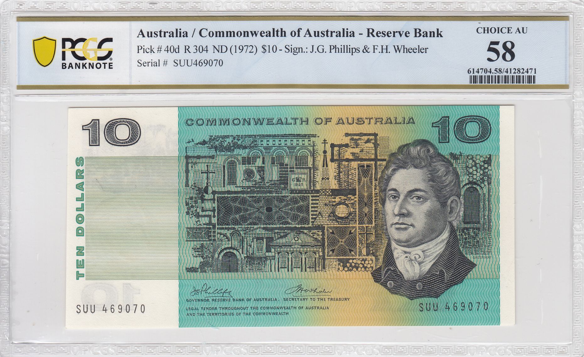 1972 Australia $10 Banknote Phillips/Wheeler Choice AU 58 PCGS