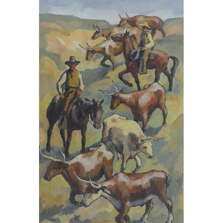 Jacob Elshin ''Longhorns'' (Mural Study) 1930's Oil